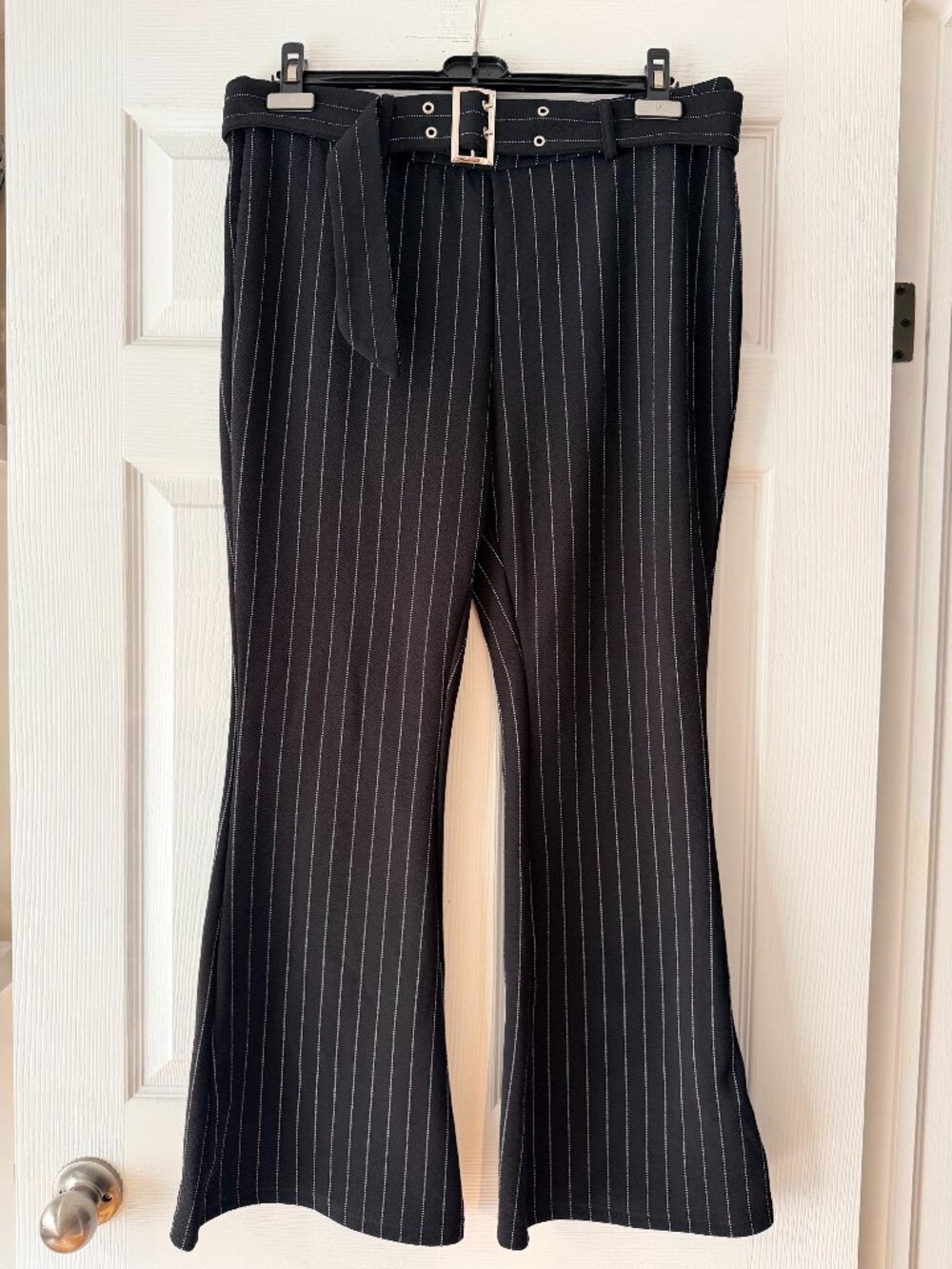 SHEIN Curve Black Pinstripe Belted Flare Pants 1XL